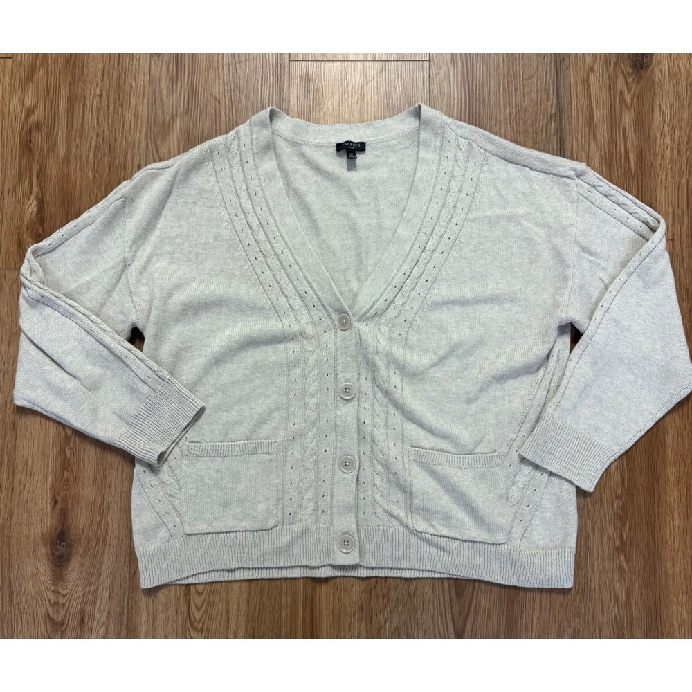Talbots Petite XLP Oatmeal Beige Cable Knit V-Neck Button Cardigan Sweater